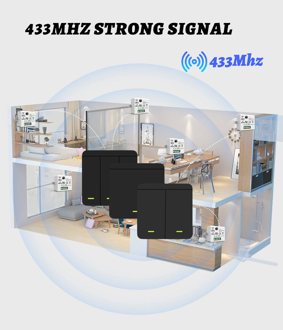Wireless ON OFF Switch RF433 Module Remote Control Light Switch 1/2/3 Gang Wall Switch for Light Bulb Chandelier 10A 110V 220V