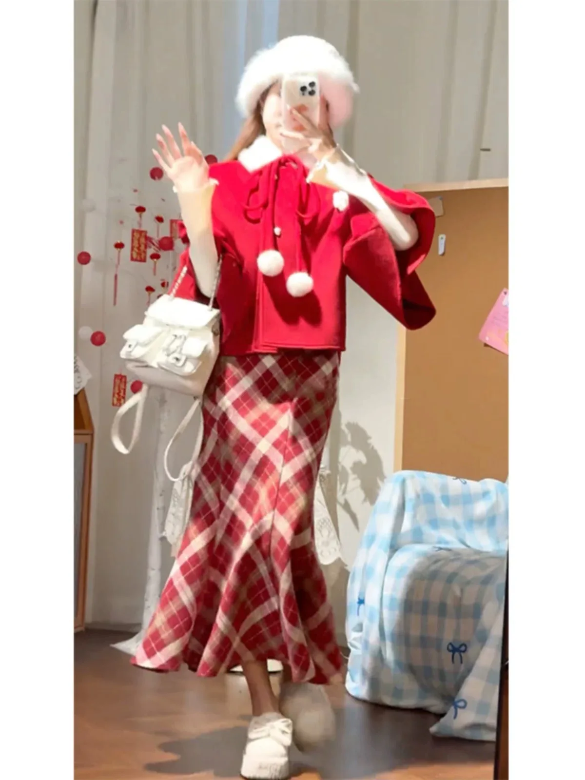 

Red New Year Women's Coat Skirt Set Autumn Winter Plaid Sweet Style Two-Piece Suit for Young Adults Winter Fashion Outfit