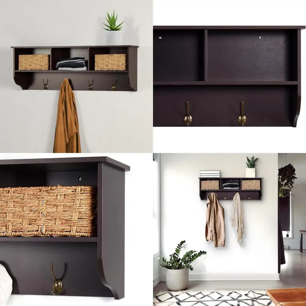 

Modern Wall-Mounted Entryway Coat Rack with 3 Shelves and 4 Dual Hooks for Hallway Storage Solutions