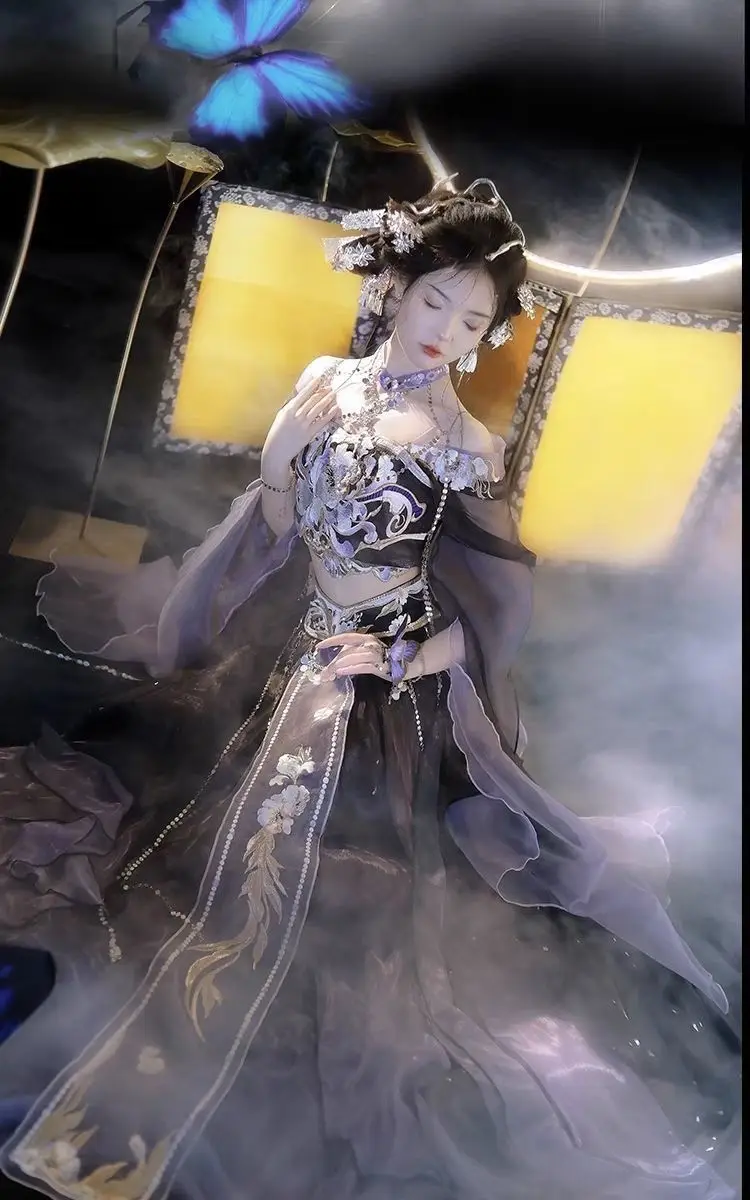 Ханфу Фея Экзотический Стиль Градиент Печатная Вышивка Танцевальное Платье Стенд Вырез Эластичная Юбка Новый Косплей Костюм Ханфу