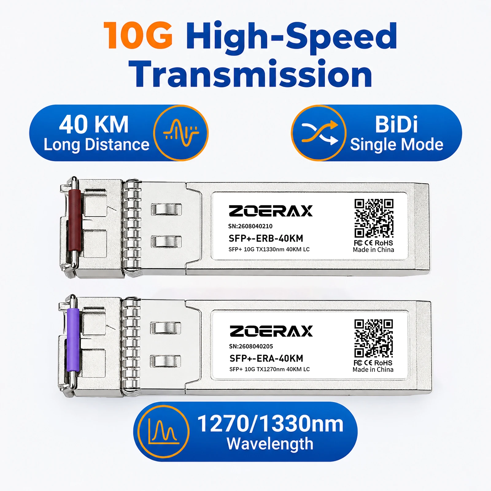 ZoeRax SFP+ Module 10G BIDI Singlemode Simplex LC 1270/1330nm Up to 40km Plug and Play Support DDM Hot‑swapping for Cisco others