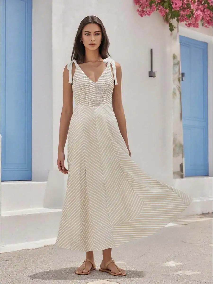 

Women Sleeveless V-Neck Striped Tie-Up Long Dress Summer Casual Bohemian