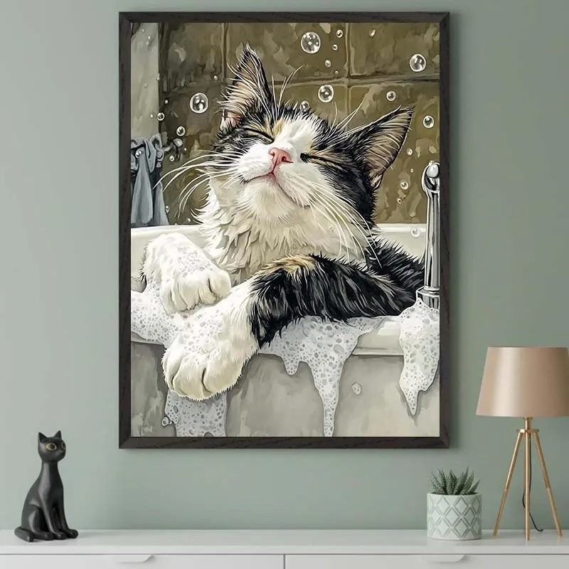 Cat Blissful Bubble Bath Wall Art Poster Funny Bathroom Kitten Illustration Canvas Painting Animal Print Picture Home Decor