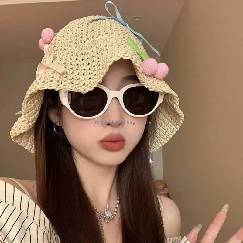 340D Woman Crochet Bucket Hat with Bowknot Decals Floppy Hat for Travel Casual