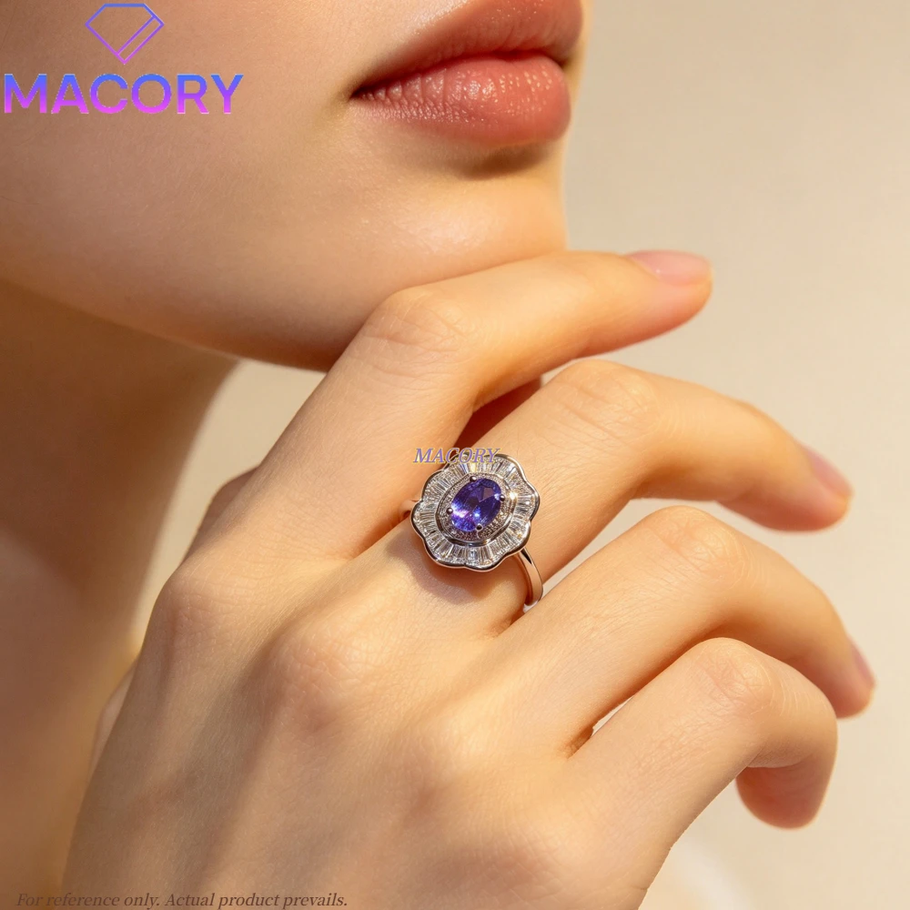 Natural Tanzanite Ring S925 Sterling Silver Luxury Women Statement Flower Halo Ring Party Anniversary Gift Wedding Birthday Gift