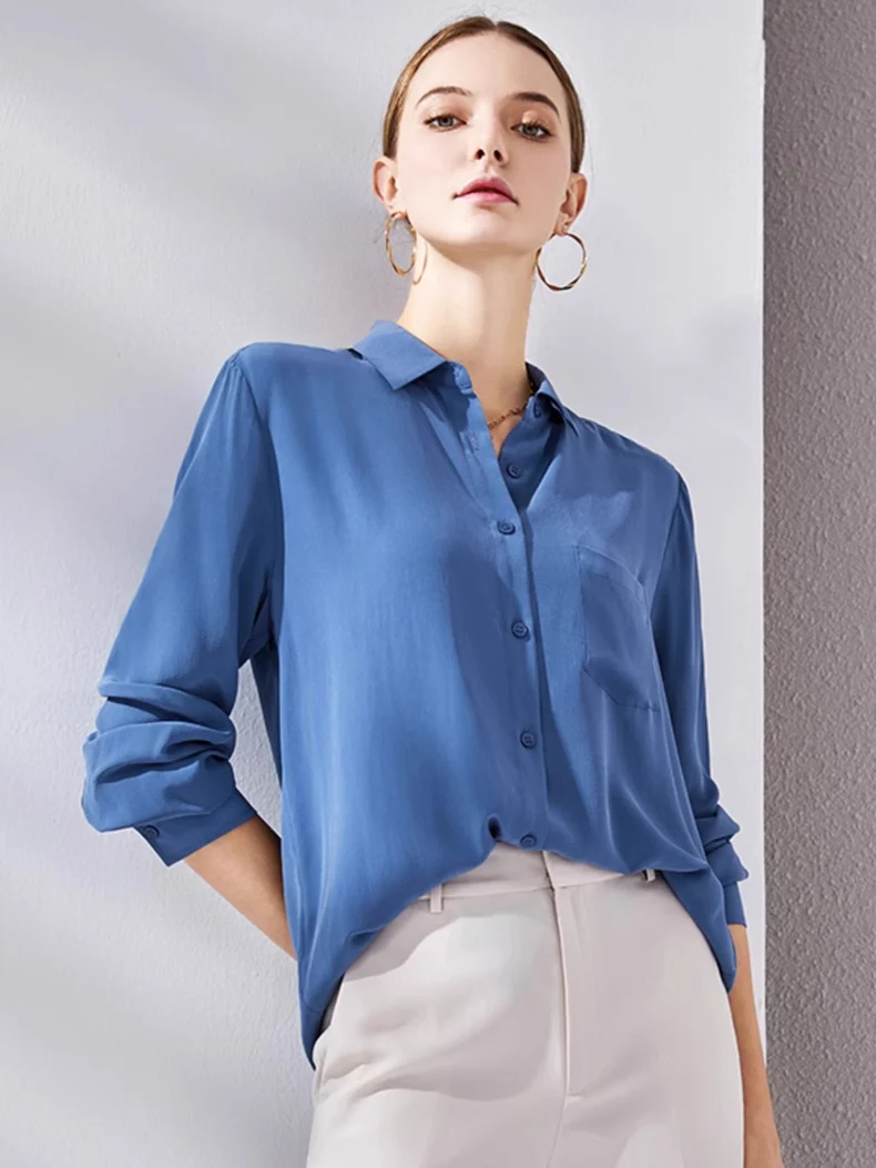 SuyaDream, Woman Solid Shirts, 100%Silk Crepe, Long Sleeved, Chest Pocket Chic Blue Blouses, 2024 Spring Summer Office Lady Top