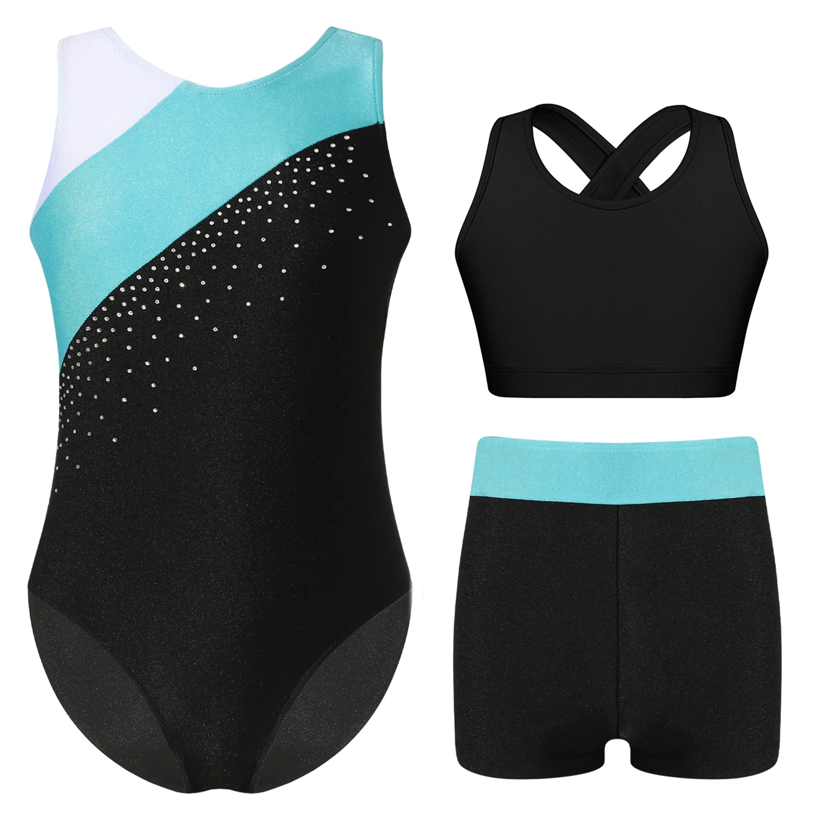 

Kids Girls Gymnastics Dance Clothes 3Pcs/Set Sleeveless Shiny Rhinestone Contrast Color Leotards+Rear U Neck Bra Top+Shorts Set