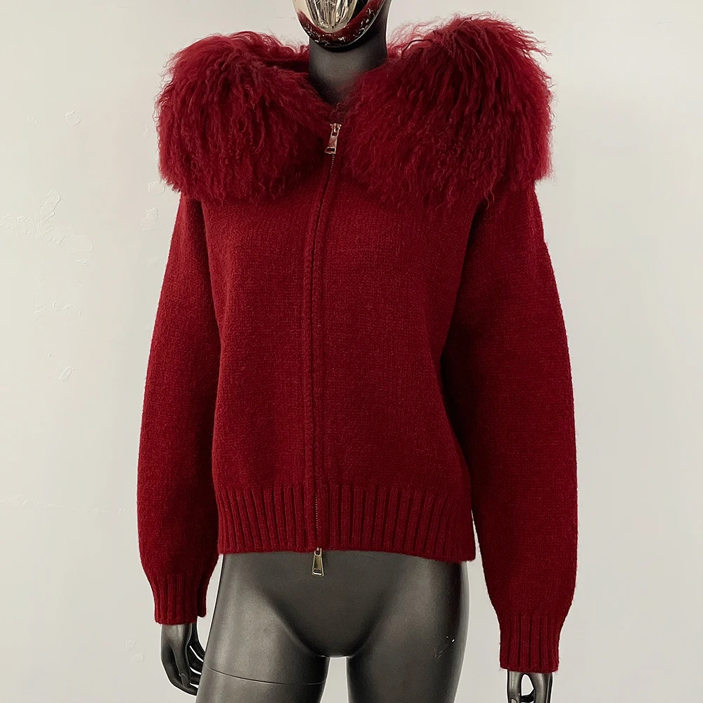 

Real Fur Coat Women Cardigan Fashion Real Mongolian Fur Knitwear Female Spring Autumn Winter Hooded Casual Knitted Jacket