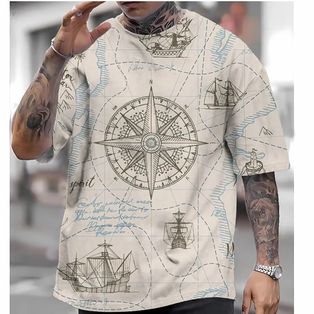 Men\'s Vintage Nautical Map Compass Print T-Shirt Summer Daily Loose Short Sleeve Male Tops Casual Tees Unisex Clothing Apparel