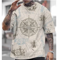 Men's Vintage Nautical Map Compass Print T-Shirt Summer Daily Loose Short Sleeve Male Tops Casual Tees Unisex Clothing Apparel