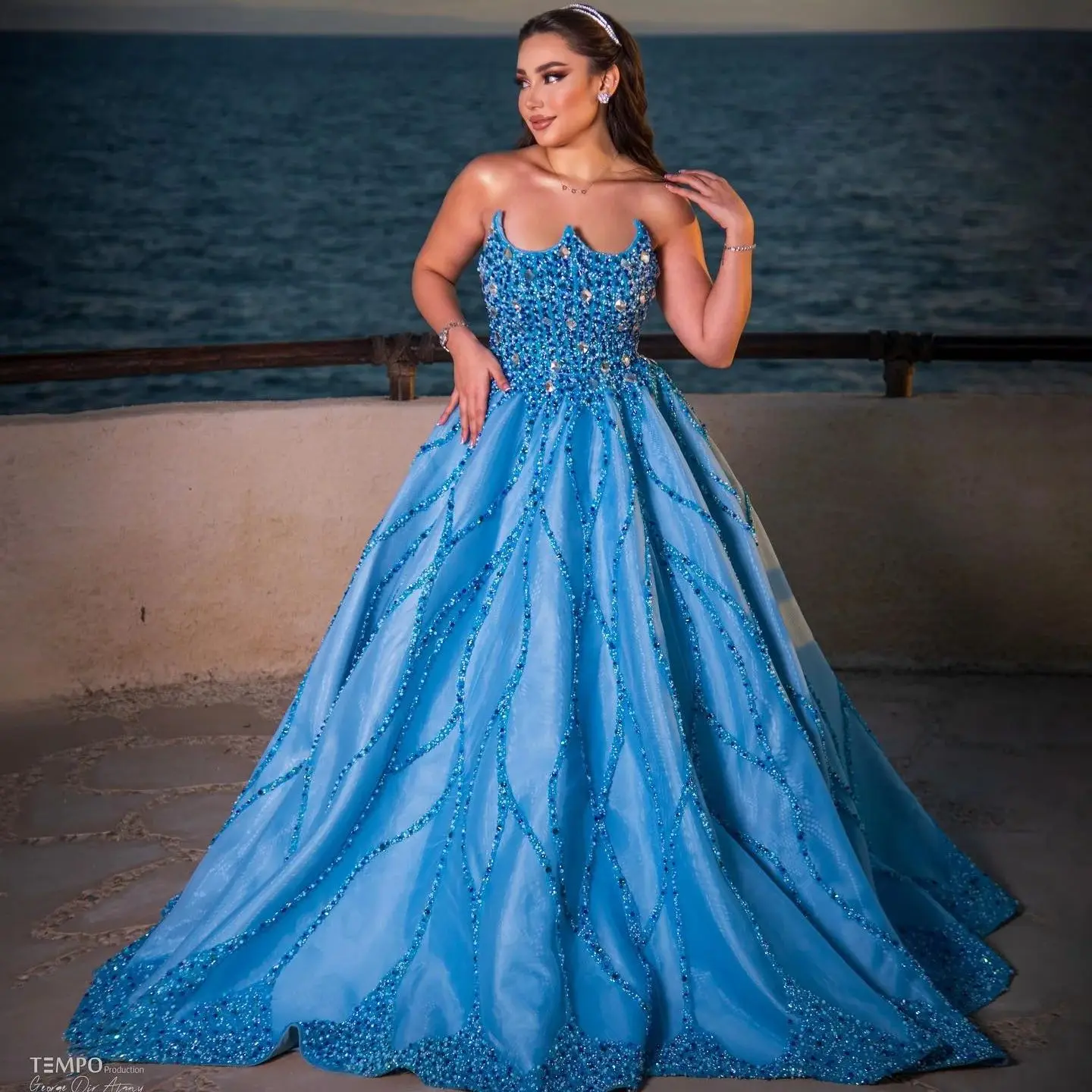 

Princess Blue Strapless Prom Dresses A Line Beaded Wedding Engagement Gowns Customized Robe De Soiree Evening Party Dress 2025