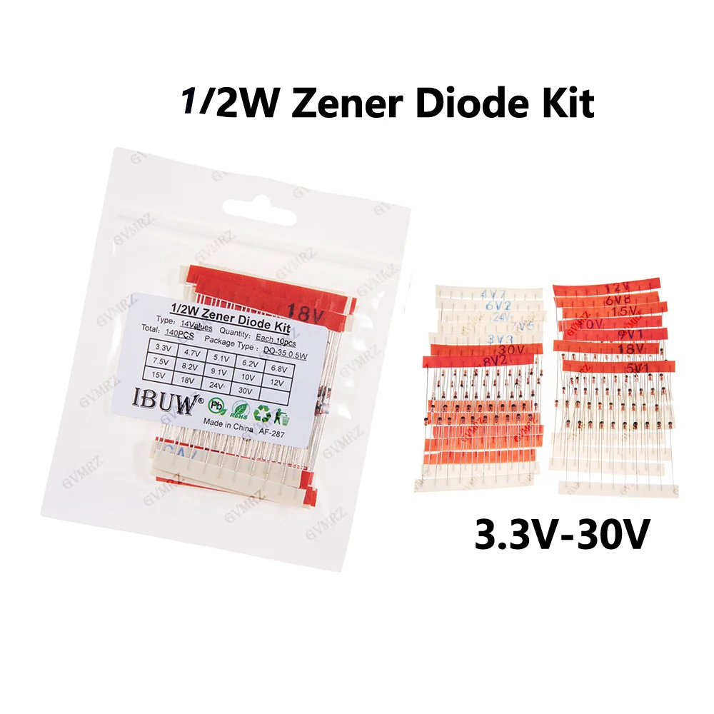 140PCS 14Values 1/2W Zener Diode Kit 3.3V-30V DO-35 0.5W for Voltage Regulation Electronic Component Projects 3.3V 15V 24V 30V 