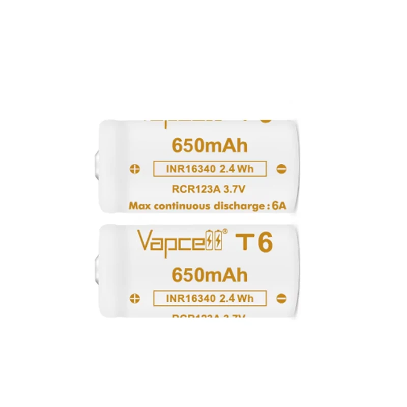 1-10 buah baterai Vapcell T6 16340 asli kapasitas 650mAh tombol 6A 3.7V baterai Lithium isi ulang baterai Li-ion