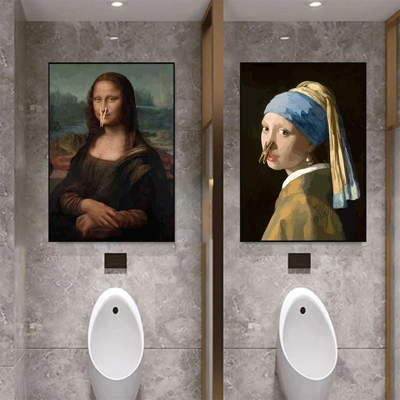 

Funny Pinching Nose Mona Lisa Face Line Canvas Prints Pearl Girl Holding Paper Towel Wall Art Picture for Bathroom Toilet Decor