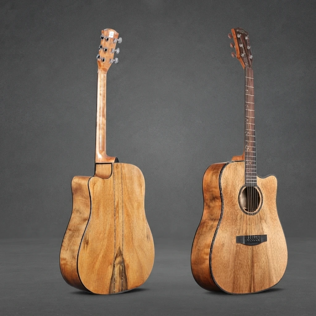Figured Grain Dreadnought Cutaway Guitar, Natural Wood Texture, Gloss Finish, Dark Fretboard, Chrome Tuners for Hobby Learners