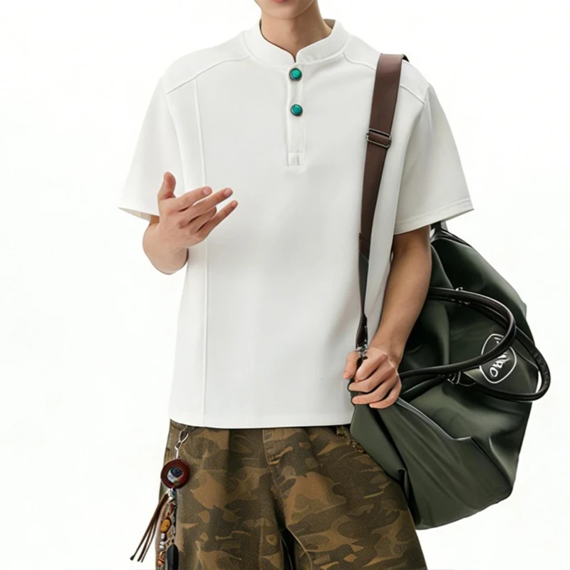 2026 Summer New Men's American Henley Collar T-shirt Right Shoulder Short-sleeved Top Polo Bottoming Shirt Men's Loose T-shirt