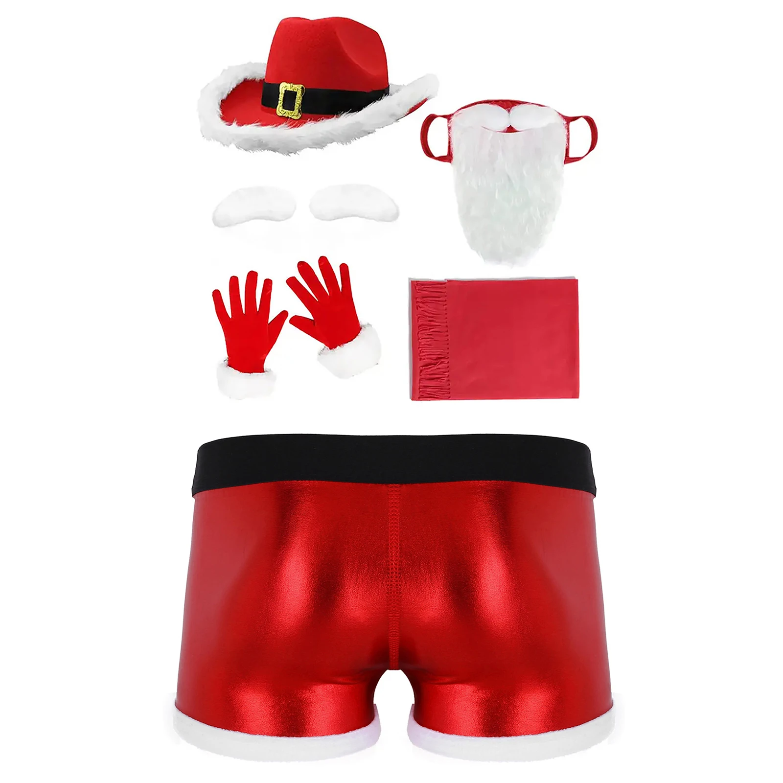 Men Christmas Costume Patent Leather Printed Belt Pattern Underwear with Hat Eyebrows Beard Gloves Scarf Props Set