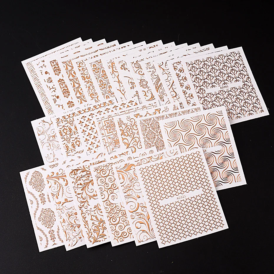 26 قطعة زهرة ذهبية وردية عتيقة ثلاثية الأبعاد مسمار الفن ملصقات مجموعة جوفاء الدانتيل Foral الكرمة تصميم ذاتية اللصق المنزلق مسمار الفن الديكور