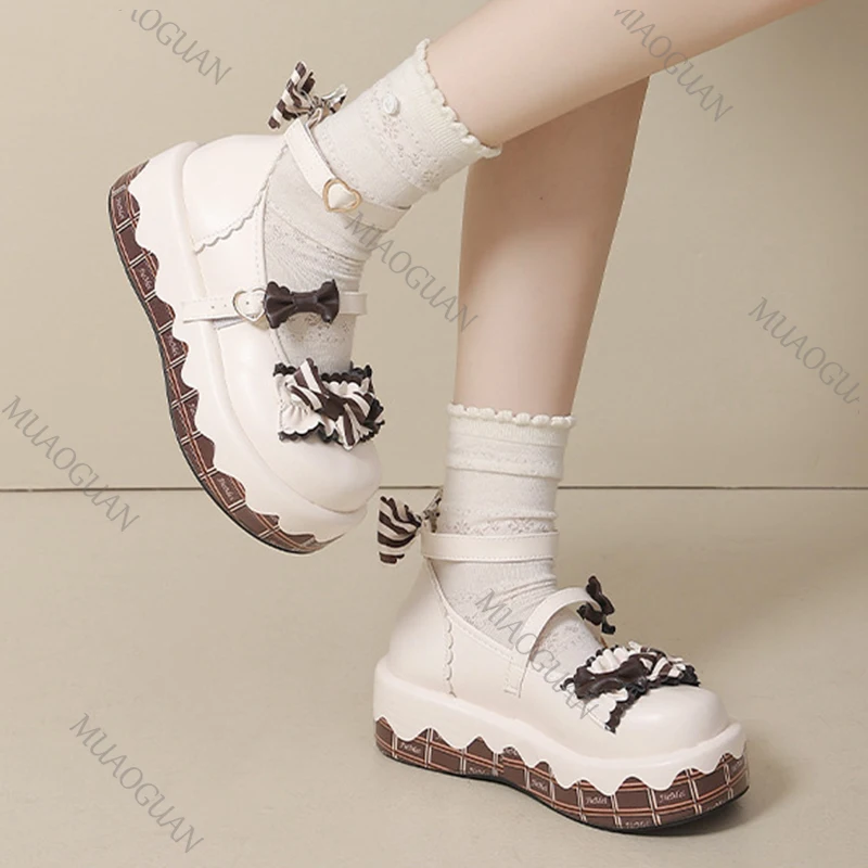 Autumn New Cute Sweet Lolita Mary Jane Shoes for Women Platform Chunky Round Toe Bowknot JK Lolita Student Fashion Leather Pumps