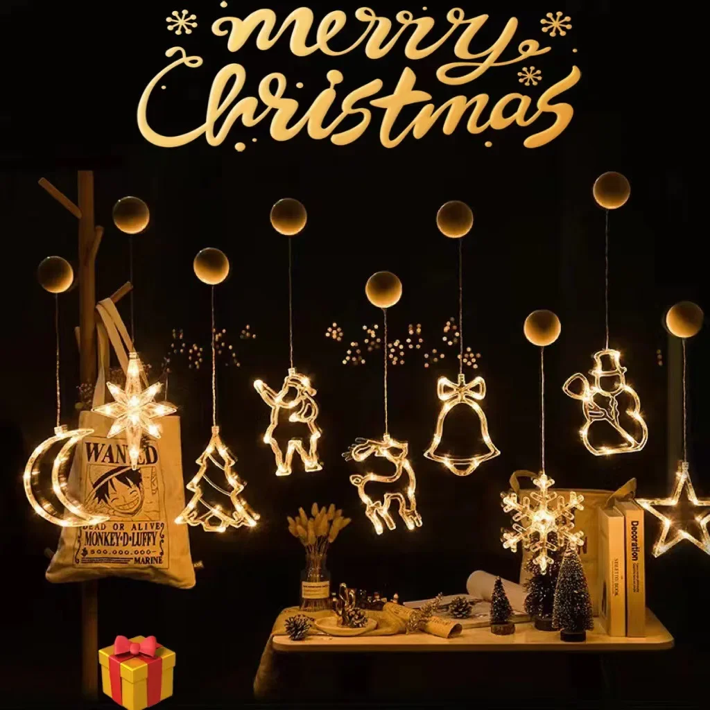 1-20PCS LED Christmas Suction Cup Lights Fawn Bell Pine Tree Star Father Christmas Window Wall Lights Holiday Decoration Lights