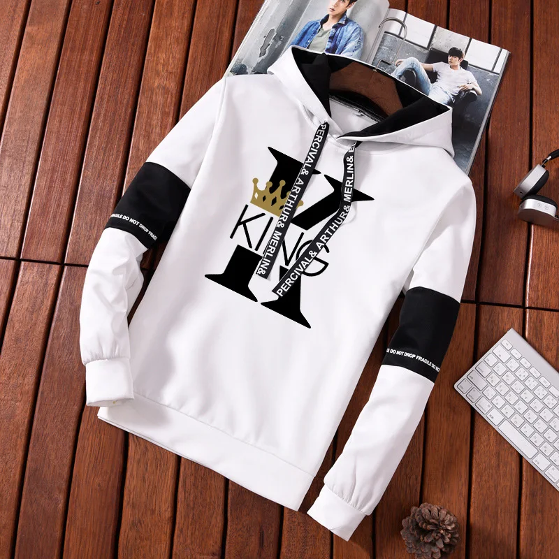 

King and Queen Print Men's Hoodies Oversized Kangaroo Pocket Sweatshirts Casual Vintage Korean Pullovers Harajuku Hooded Tops