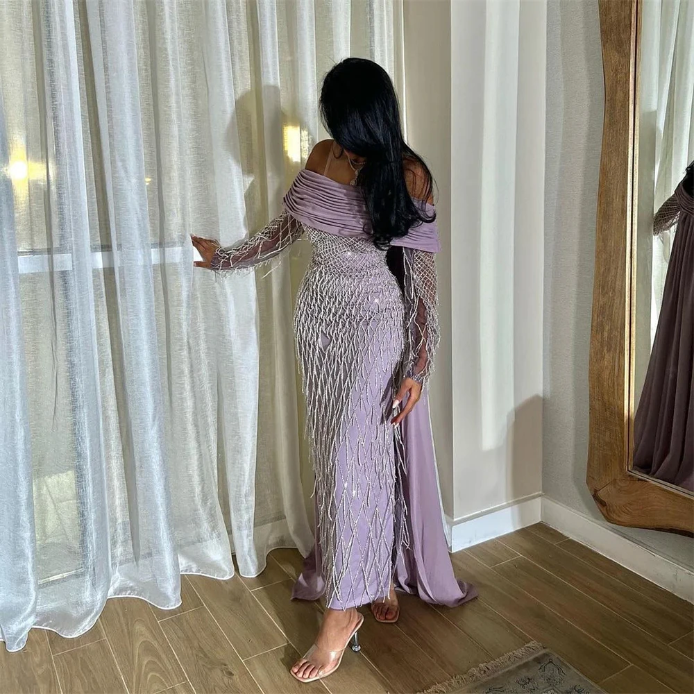 

Customized High Quality Boat Neck Evening Dress Classic Long Sleeves Tassel Cocktail Dress Modern Chiffon Special Occasion Gowns