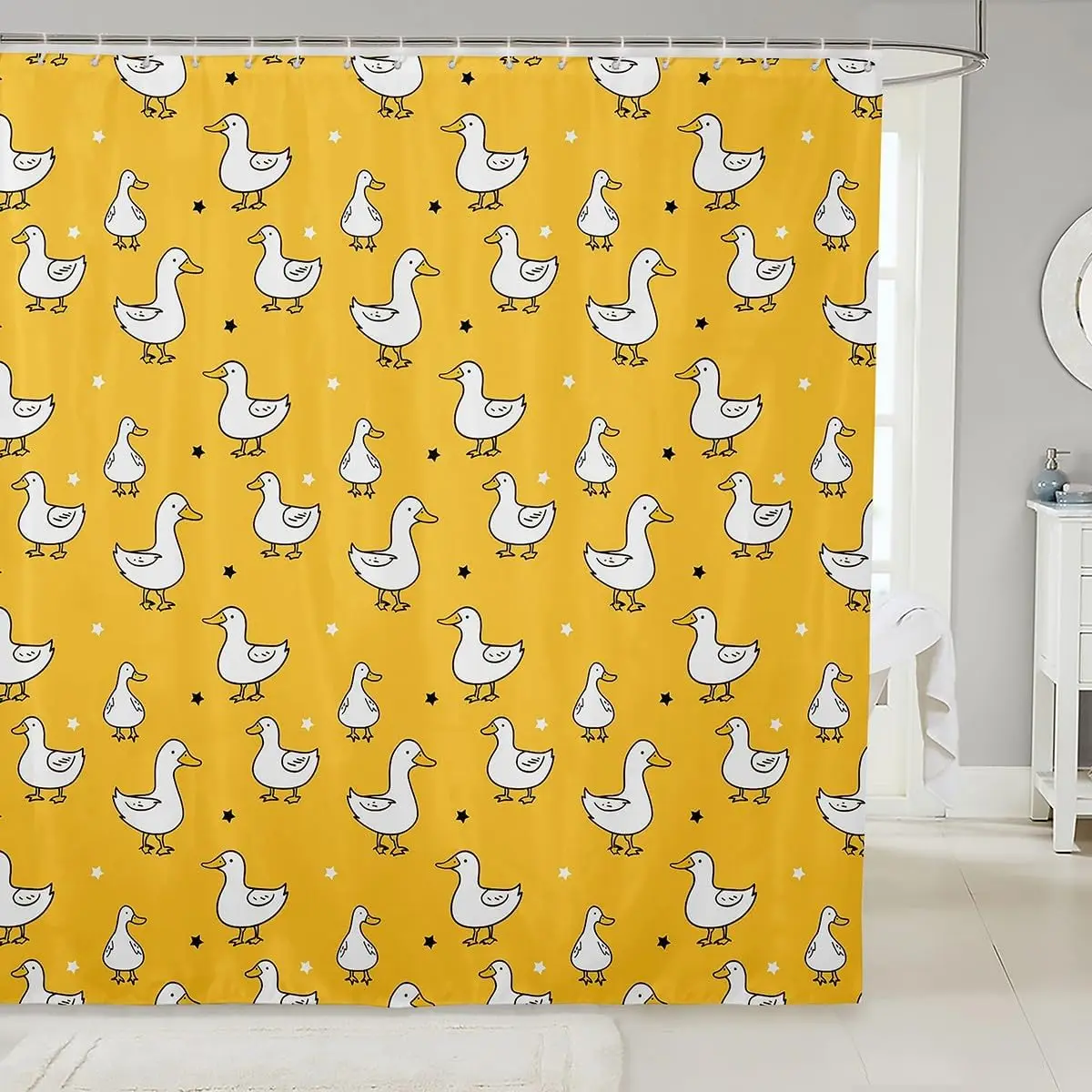 Cartoon Duck Shower Curtain for Kids Boys Girls,White Goose Bathroom Curtain,Lovely Stars Bath Curtain,Farmhouse Rustic Animal
