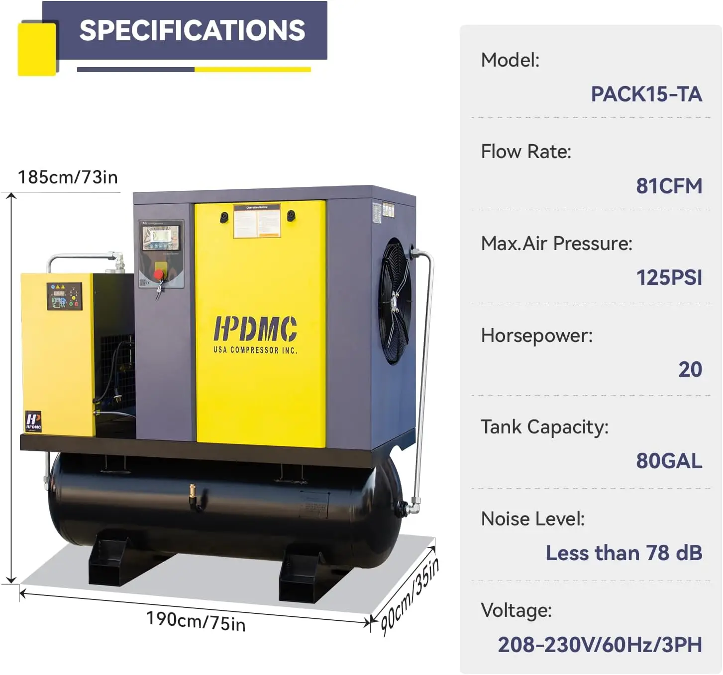 15-TA 20HP Stationary Rotary Screw Compressor 230V 3Ph 81CFM 125psi Lubricated Air Cooled Industrial Air Compressed 1 Year