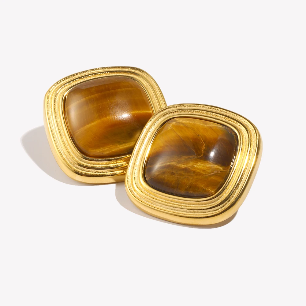 E.B.belle Vintage Style Square Tiger Eye Stone Stud Earring For Women Stainless Steel Holiday Beach Party Ear Jewelry