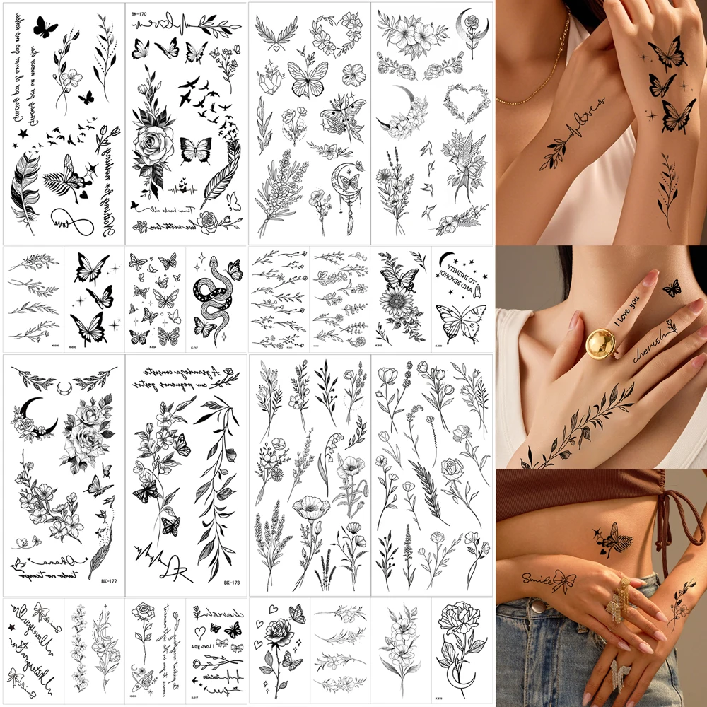 6 قطعة الوشم المؤقت زهرة سوداء للنساء ماكياج الجسم المتاح الأزهار ريشة وهمية الوشم ل فن إصبع اليد الجسم