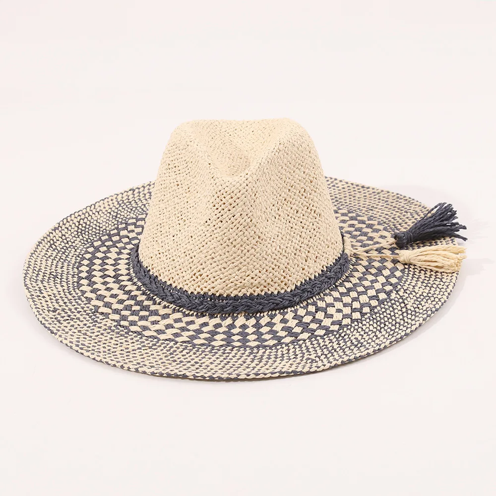 Vintage Spliced Pattern Woven Straw Hat Elegant Tassel Braid Decoration Lightweight Breathable Seaside Travel Sun Cap