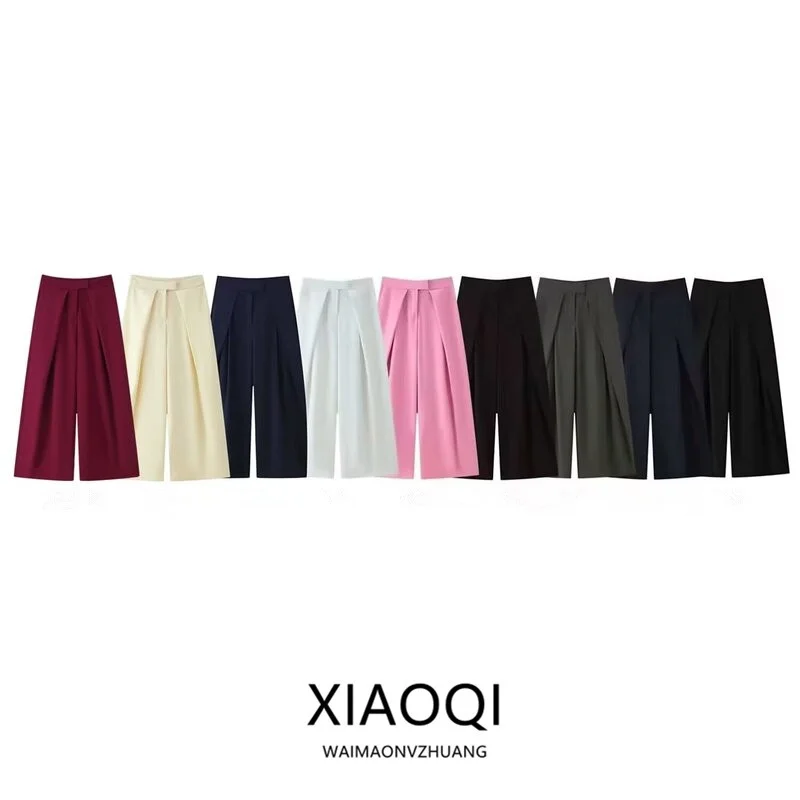New Autumn 2025 Women's Fashion Commute Folded Long Pants Versatile mid Waist Front Pleated Wide Leg Casual Trousers