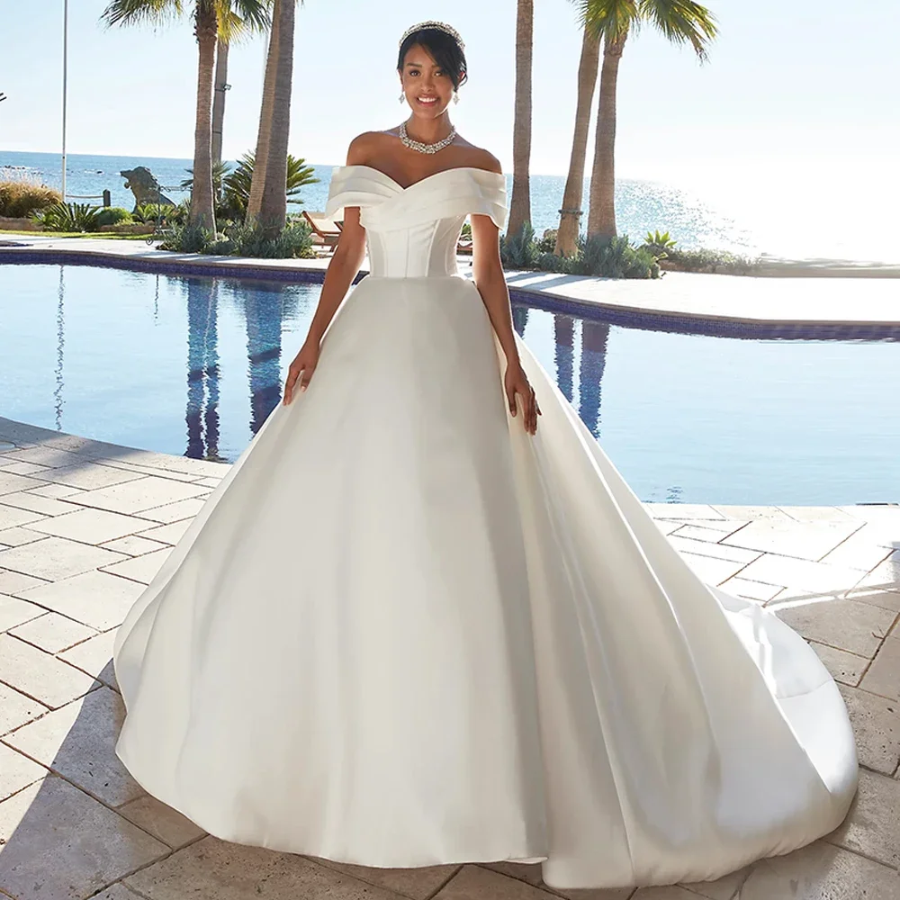 여성 신부를 위한 맞춤형 웨딩드레스, 플리츠 오프숄더 V넥 스윕 트레인 백 지퍼 버튼 볼 가운 브라이덜 드레스