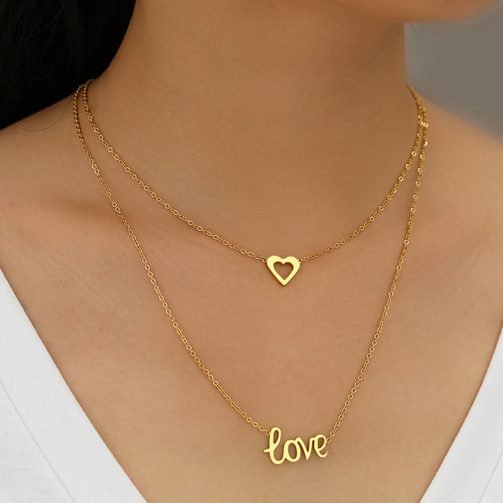 Stainless Steel Necklaces Romantic Heart LOVE Pendants Multilayer Chain Choker Exquisite Necklace For Women Jewelry Party Gifts