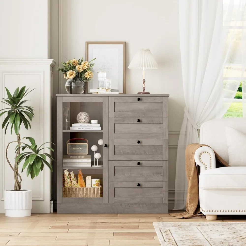 5 Drawer Dresser with Door, Storage Cabinet with Drawers and Shelves, Wide Wood Dresser, Modern Chest of Drawers Organizers