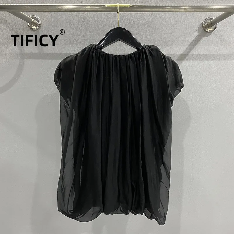 TIFICY High Street Tshirt donna nuova seta estate confortevole e alla moda a doppio strato a forma di lanterna Retro Dark t-shirt Top