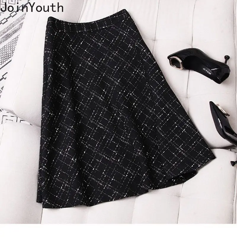 Vintage Black Plaid Women Skirt 2023 Faldas Mujer De Moda Korean Temperament Jupe High Waist A-line Saia Thicked Tunic Skirts