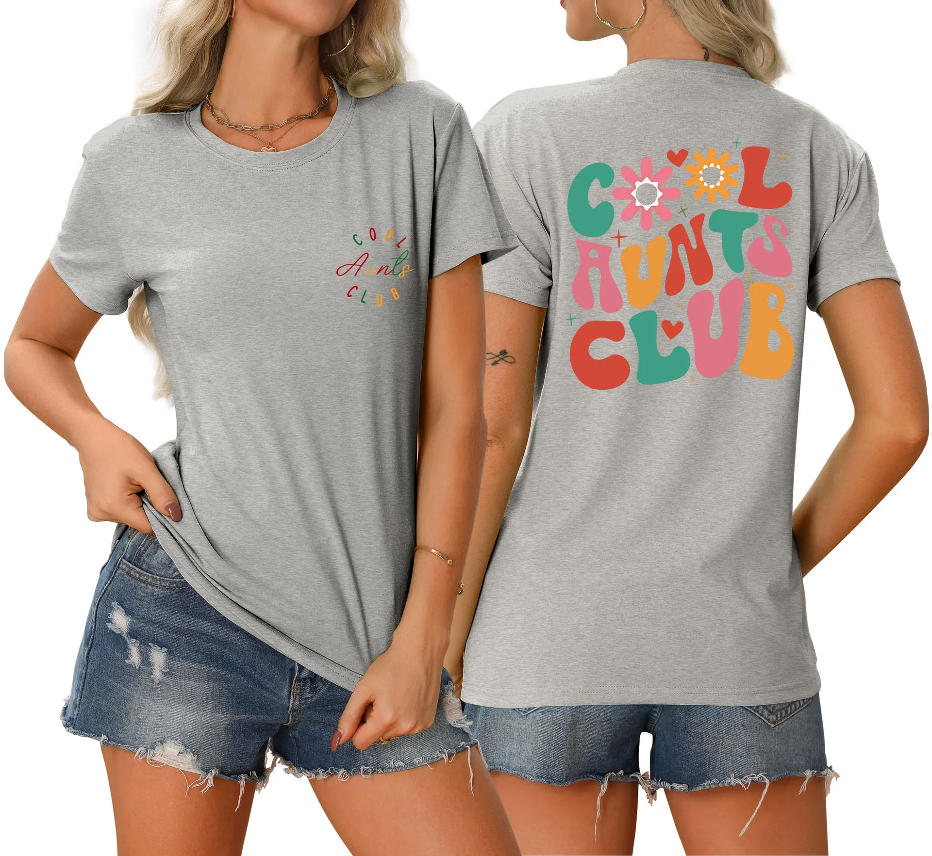 여성용 라운드넥 멋진 아줌마 클럽 앞뒤 프린트 티셔츠, 루즈한 캐주얼 반팔 탑, 세련된 풀로, 여름 신상