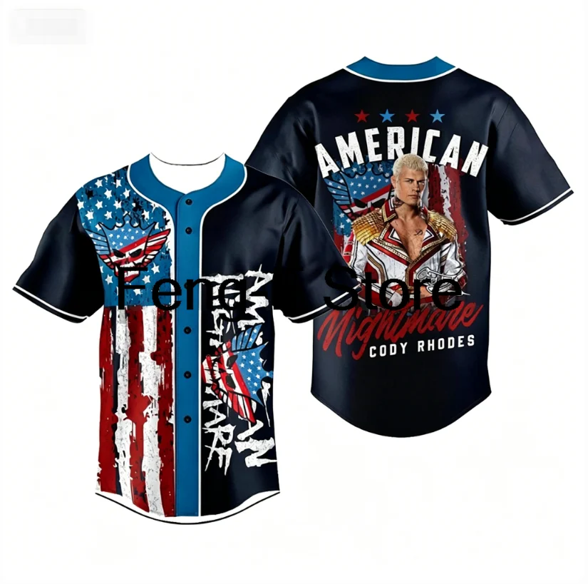 3D Cody Rhodes American Nightmare Baseball Jersey V-Neck Short Sleeve Button-up Shirts Women Men Outdoor Streetwear