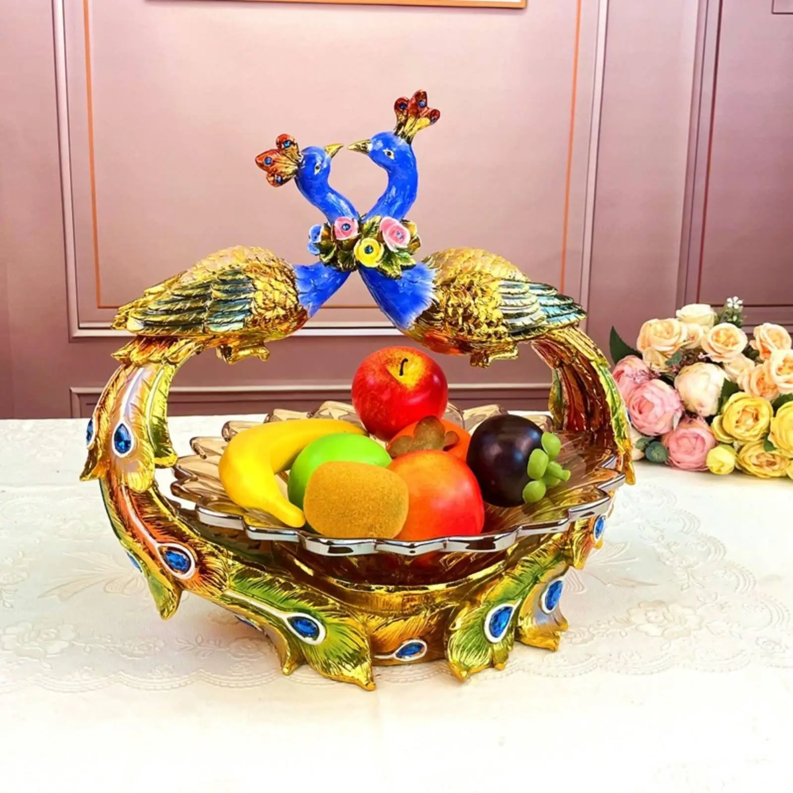 Gold Peacock Bowl Decorative Serving Tray with Rhinestone Accents Versatile Candy Nut Dish for Coffee Table Living Room