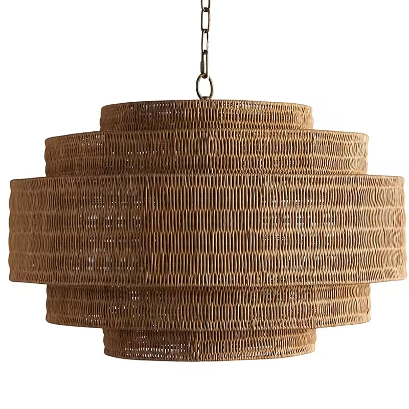 

Nordic Design Modern Handcrafted Rattan Brass Round Chandeliers for Villa Garden Home Pendant Lights
