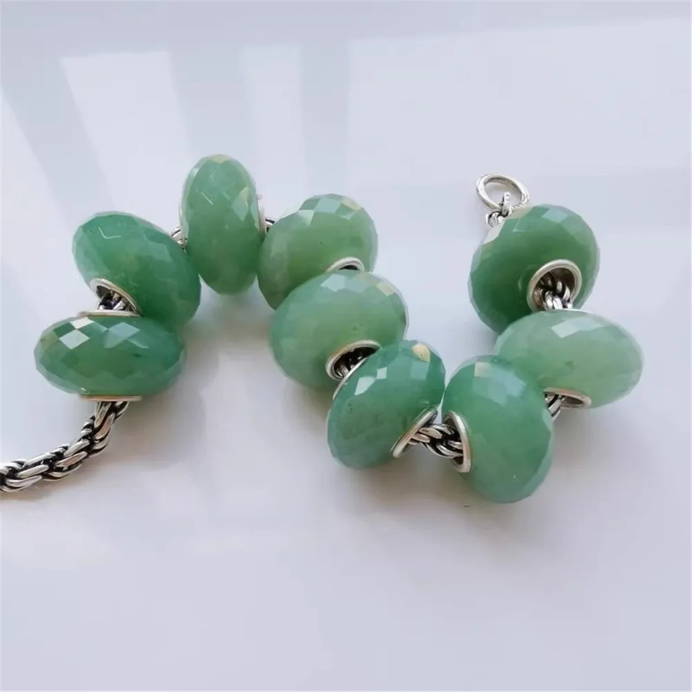 Mistletoe 925 Sterling Silver Faceted Natural Green Aventurine Stone Charm Bead Fit European Bracelet Jewelry