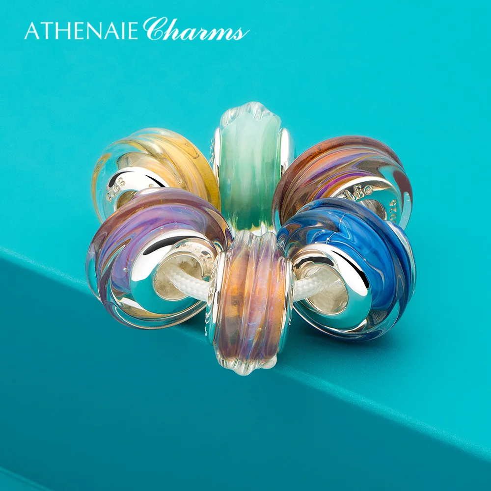 ATHENAIE Classic Purpl Striped Genuine Murano Glass Charms Bead with 925 Silver Core fit European Bracelet Gift for Women