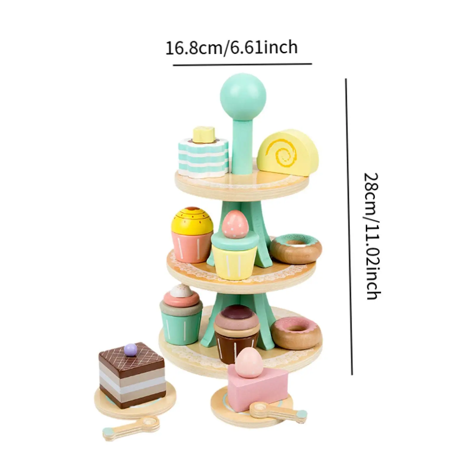 Wooden Tea Party Set Dessert Stand Playset Role Play Educational Pretend Food Play Kitchen Accessories for 2 3 4 5 6 Year Old