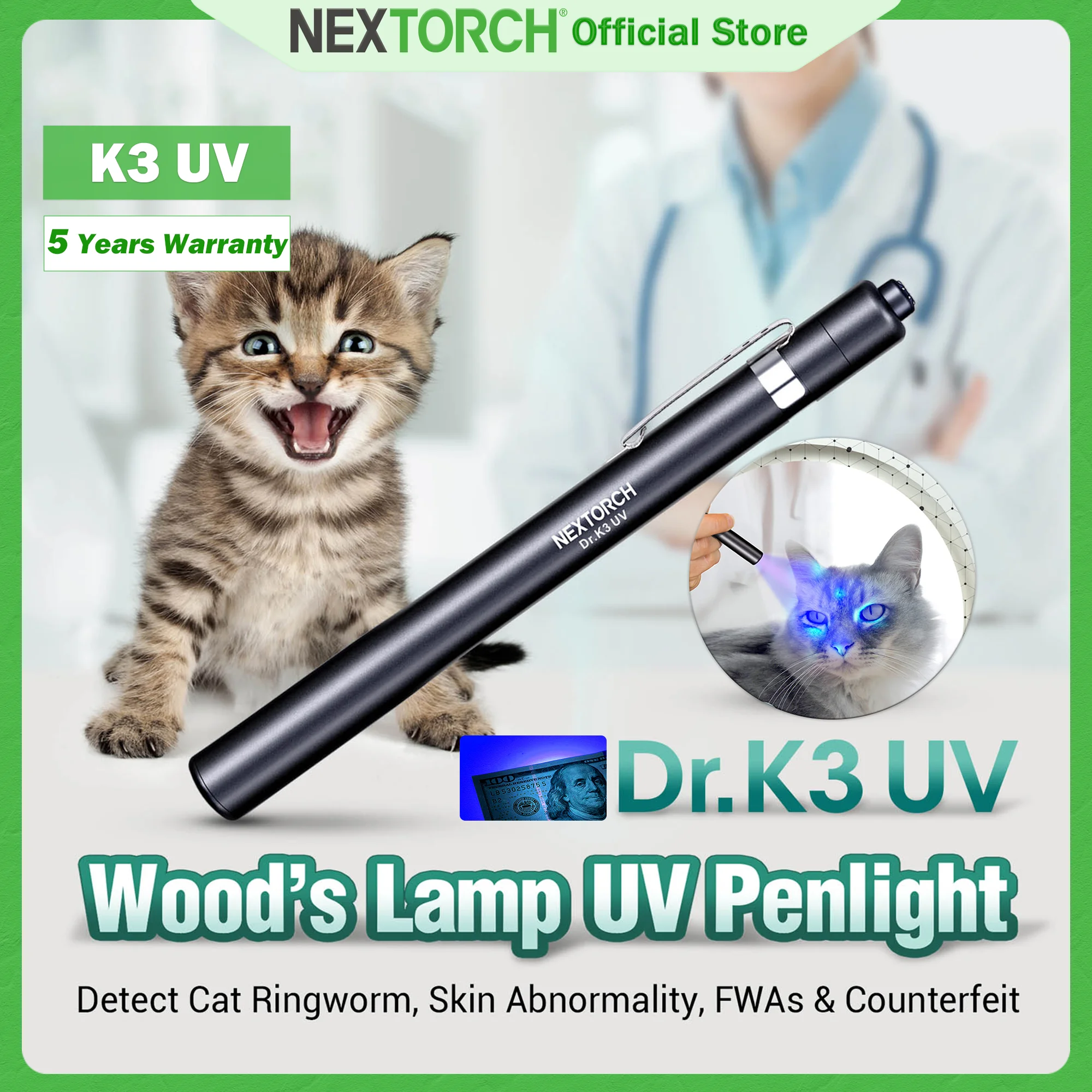 ポータブルLED懐中電灯,NEXTORCH-K3 uv,偽造防止,edc,皮膚に適合,ringworm,蛍光,365 nm