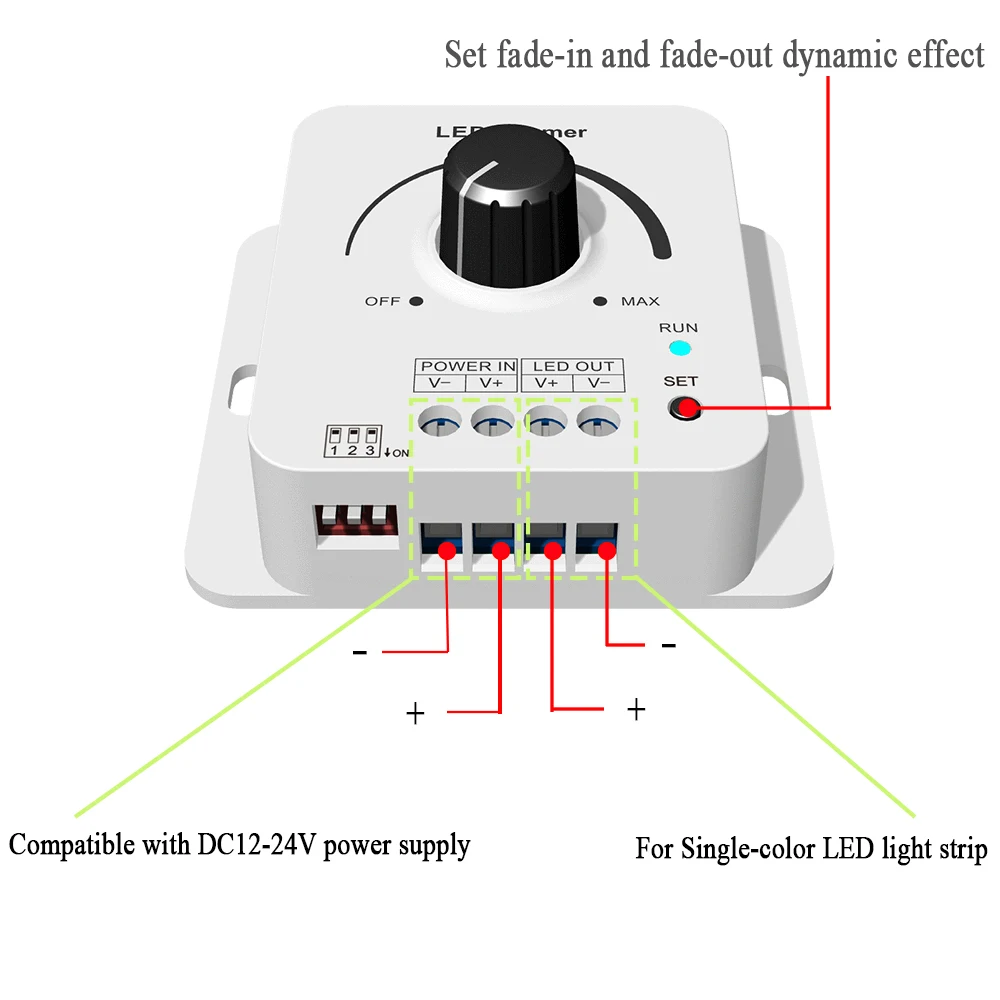 Dimmer per strisce luminose a LED con effetto dissolvenza DC12V-24V 8.5A Controller di regolazione PWM per manopola Dimmer regolare la luminosità