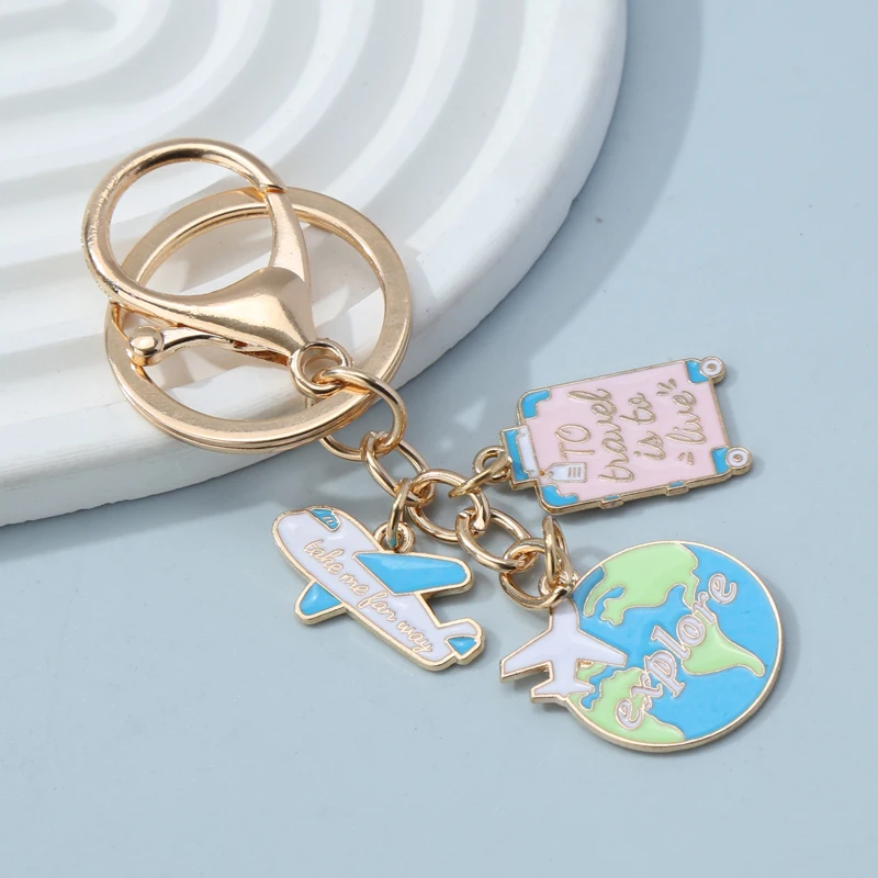 Journey Enamel Keychain Earth Suitcase Airplane Camera Key Ring Souvenir For Making DIY Handmade Jewelry Accessories