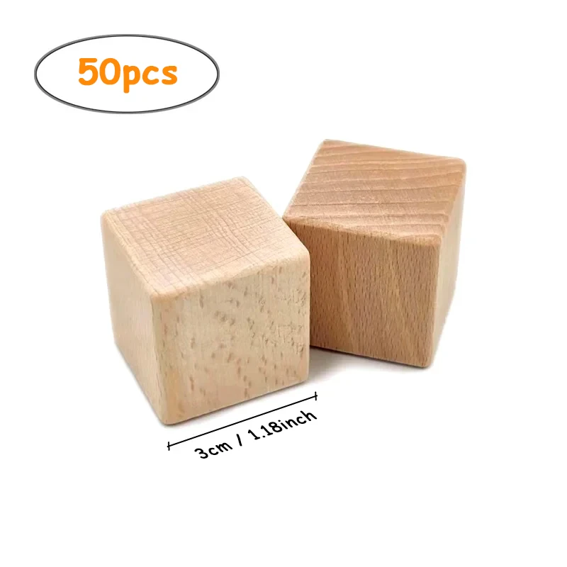 50pcs 3cm Unfinished Natural Wood Cubes Blocks, Blank Square Cube for DIY Crafting Making Baby Showers