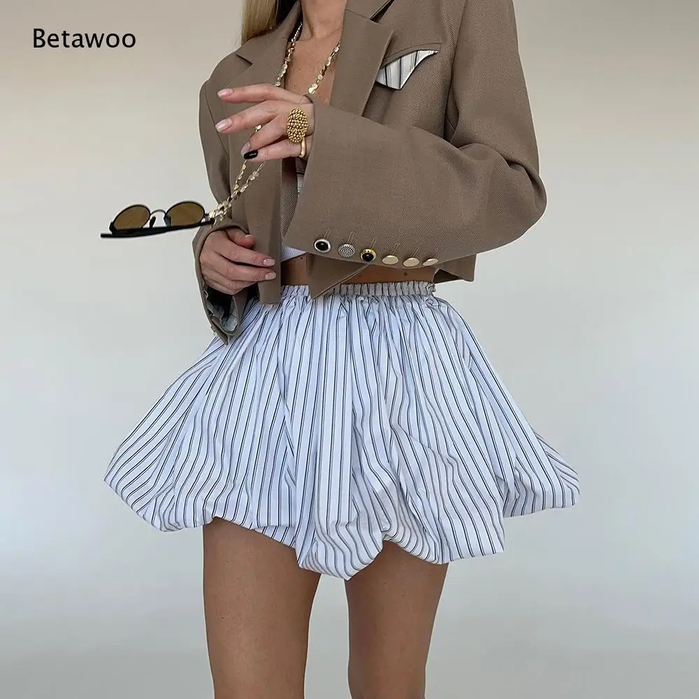 Women Elastic High Waist Striped Mini Skirt Puffy Bubble Hem Casual Ladies Short Skirt