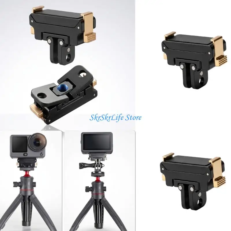 E65E Camera Tripod Adapter with Quick Release Top and 2Prong Mount, Black Aluminum Alloy Connectors for Action 6 Outdoor Vlog